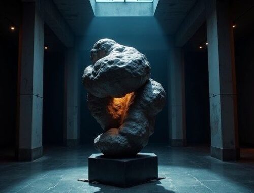 Sculpture abstraite éclairée par un puits de lumière dans une galerie sombre
