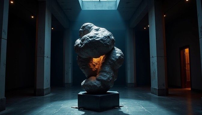 Sculpture abstraite éclairée par un puits de lumière dans une galerie sombre