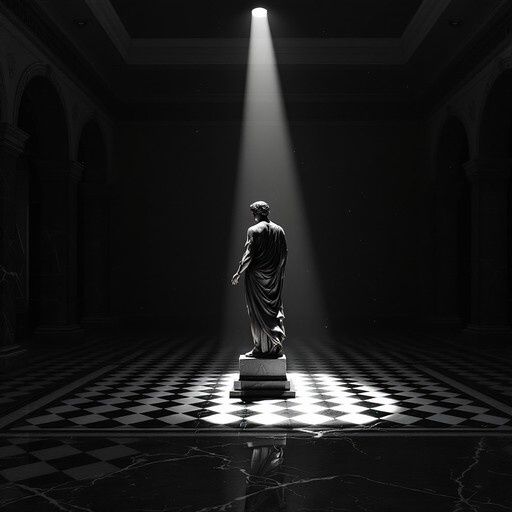 Sculpture éclairée par un faisceau dans une salle au sol damier