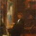 Peintre assis dans un atelier sombre face à une grande toile